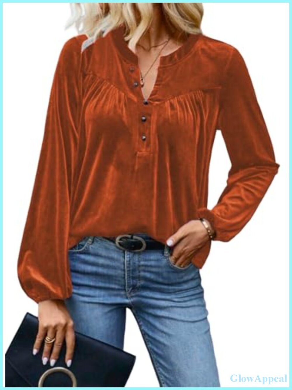 Velvet V-Neck Long Sleeve Button Up Top Dressy Casual Winter Fall
